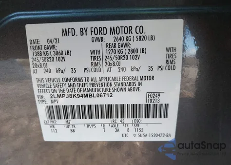 2021 Lincoln Nautilus Reserve из США, поврежденный, VIN 2LMPJ8K94MBL06712